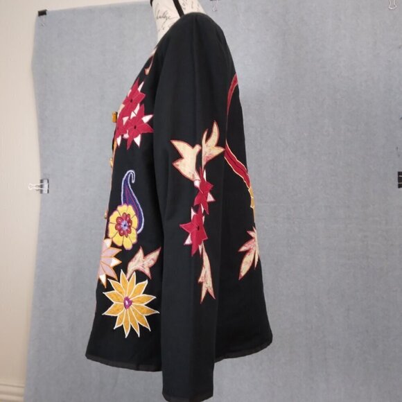 Alex Kim | Black Floral Embroidered Appliqué Linen Jacket Boho Fall|  | Size M - Picture 5 of 8